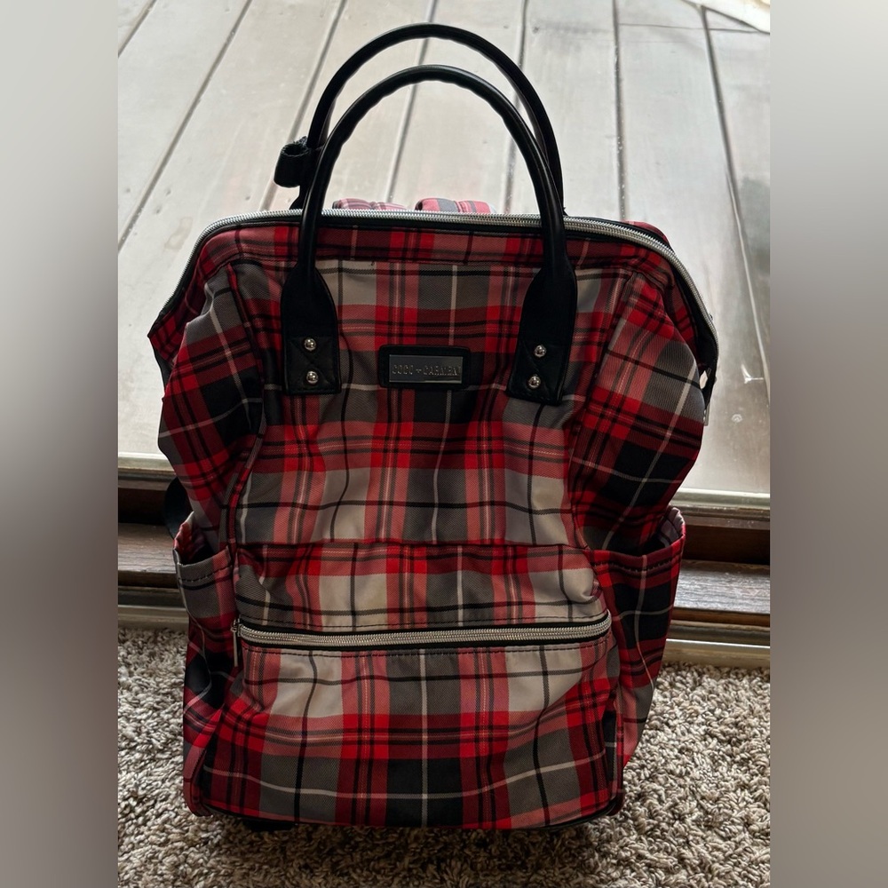 Coco + Carmen red, black, and grey tartan backpack